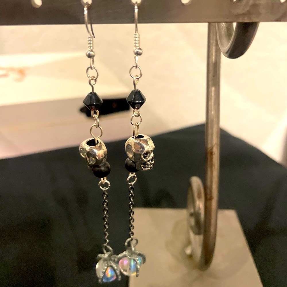 Silver Skull Bead Dangle Earrings with Chains and Pendants